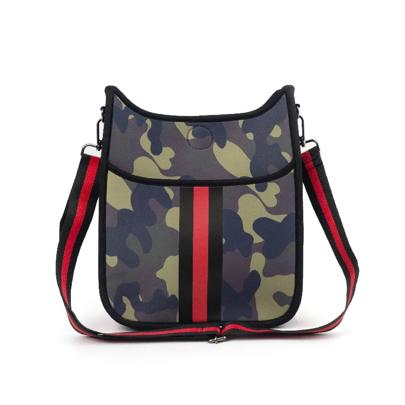 Army Camo Neoprene Messenger Bag with Red & Black Stripe