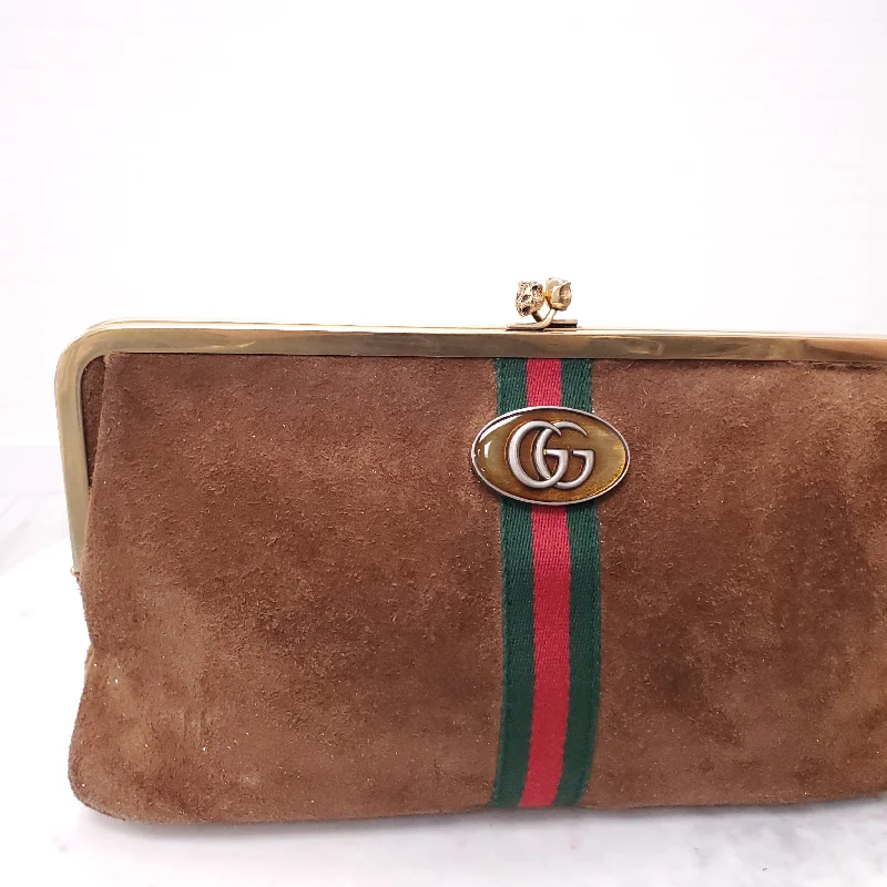 GUCCI BROWN OPHIDIA SUEDE CLUTCH ($2355)