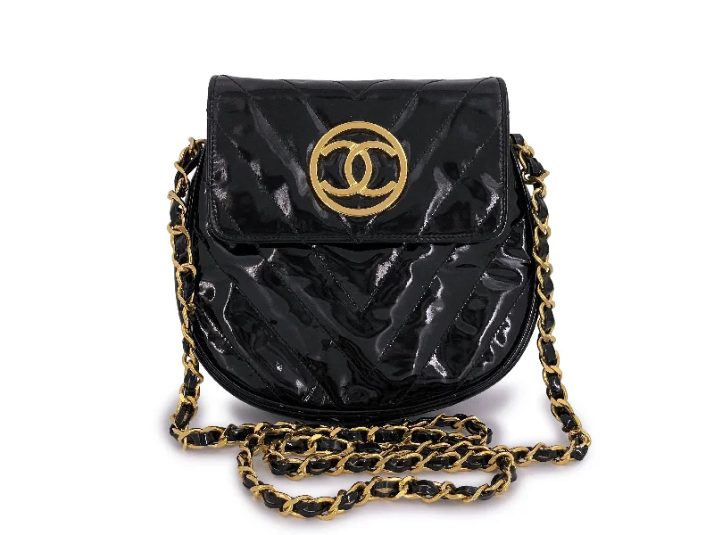 Chanel Vintage Black Chevron Mini Round Flap Pouch Crossbody Patent 24k GHW