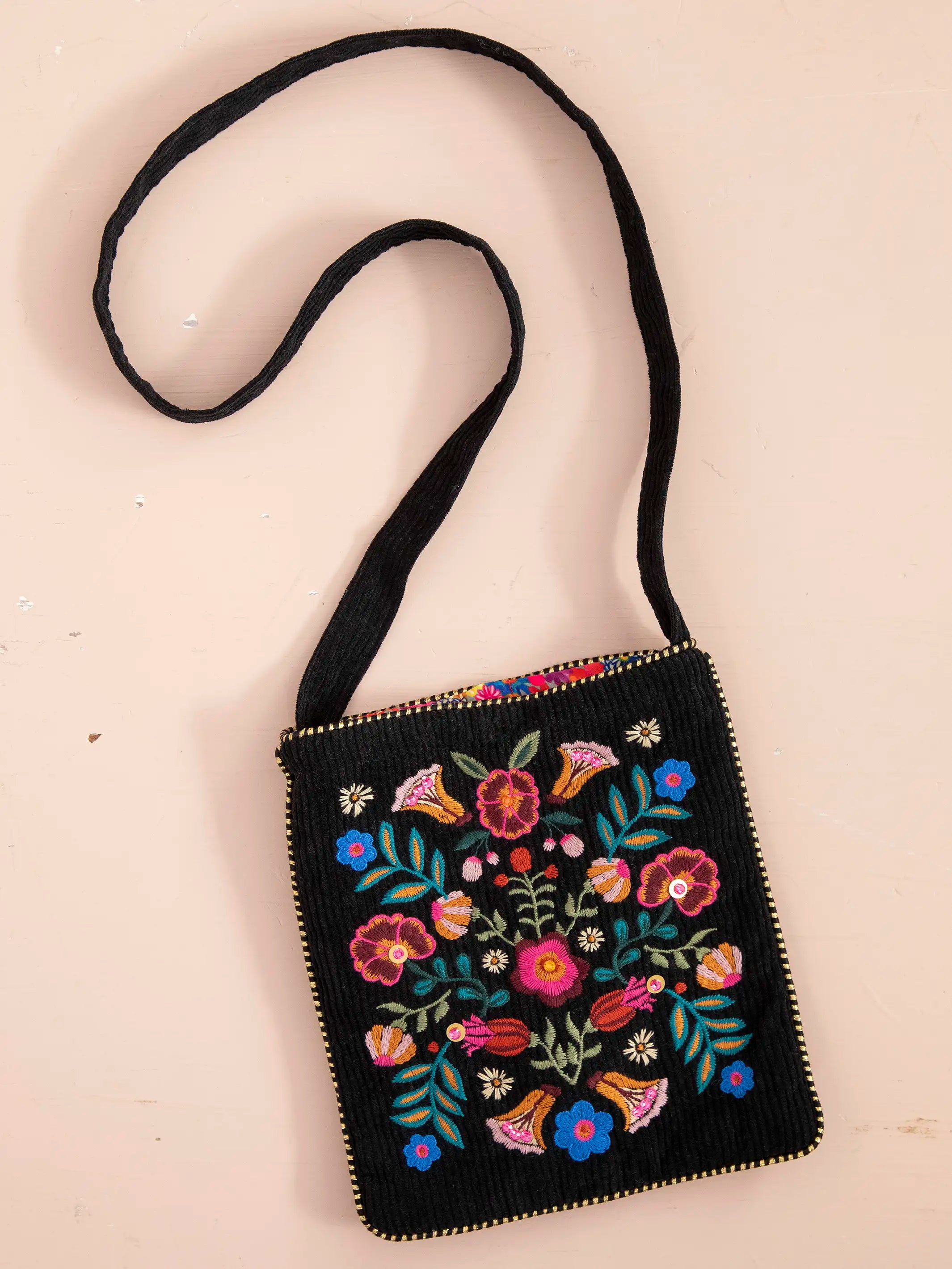 Embroidered Corduroy Crossbody - Black Folk Flower