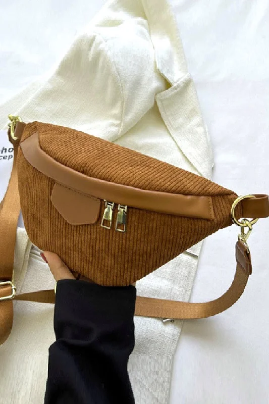 The Journey Begins Camel Corduroy Crossbody Waist Bag