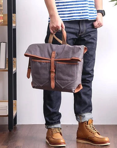 Canvas Leather Mens 13'' Khaki Side Bag Courier Bag Messenger Bag Black Shoulder Bag for Men