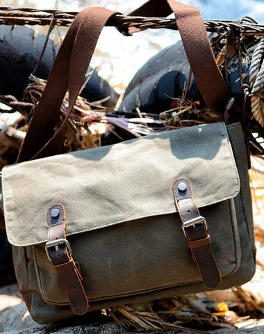 Cool Waxed Canvas Leather Mens Gray Casual Waterproof Side Bag 12'' Messenger Bag For Men