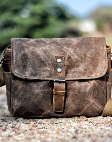 Cool Waxed Canvas Leather Mens Casual Waterproof Messenger Bag Camera Bag Side Bag For Men