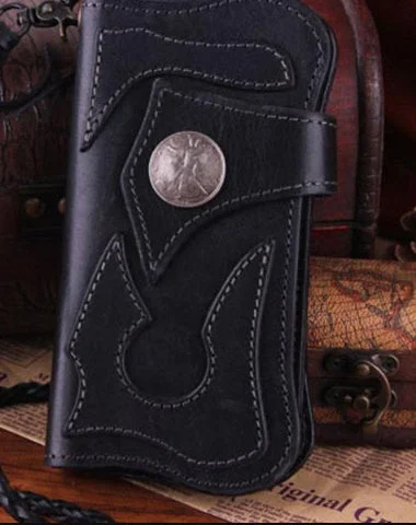 Handmade Genuine Leather Mens Cool Biker Chain Wallet Long Leather Wallet Clutch Wristlet Wallet for Men