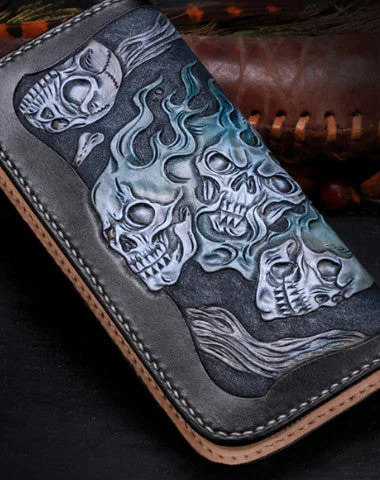 Handmade leather Long black skull wallet leather zipper Men clutch Tooled wallet