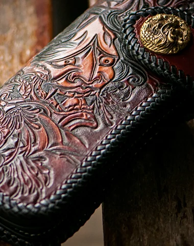 Handmade red brown leather prajna carved biker wallet Long wallet clutch for men