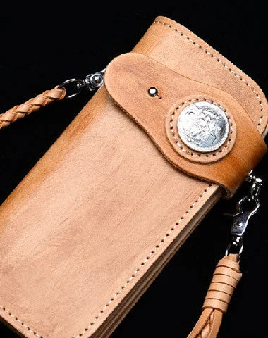 Handmade vintage tan men biker wallet chain leather Long wallet purse clutch for men