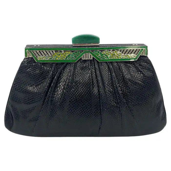 Judith Leiber Black Lizard Green Enamel Top Clutch