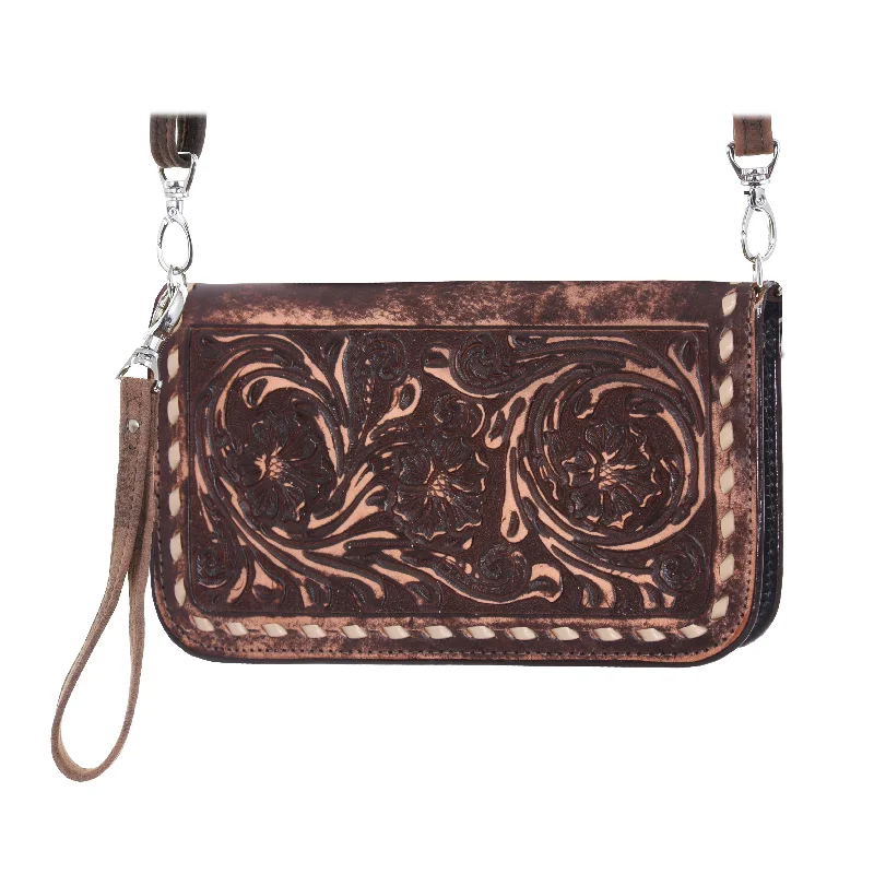 CO96 - Brown Vintage Hand-Tooled Buckstitch Clutch Organizer