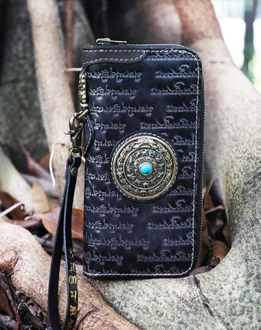 Handmade Black Leather Tibetan Scriptures Long Wallet Tooled Zipper Clutch Wristlet Wallet for Men