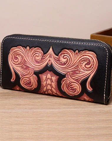 Handmade Leather Floral Tooled Zipper Around Long Wallets Cool Clutch Zipper Wallet for Men