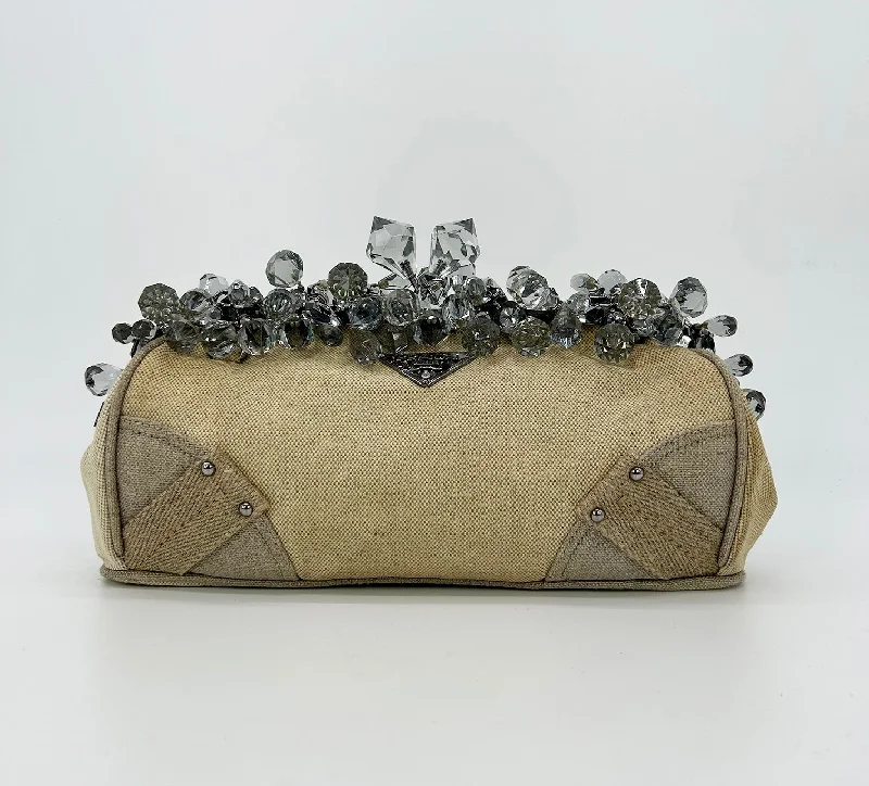 Prada Mistolino Natural Canvas Crystal Beaded Top Pochette