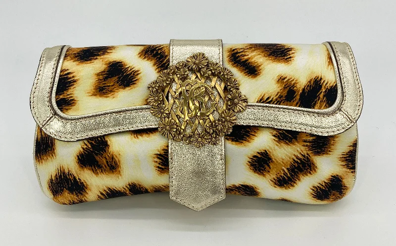 Vintage Roberto Cavalli Leopard Print Silk Sunflower Clutch Baguette