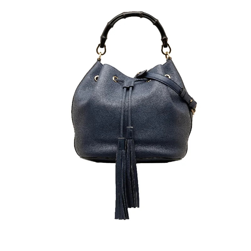 Blue Gucci Miss Bamboo Leather Bucket Bag