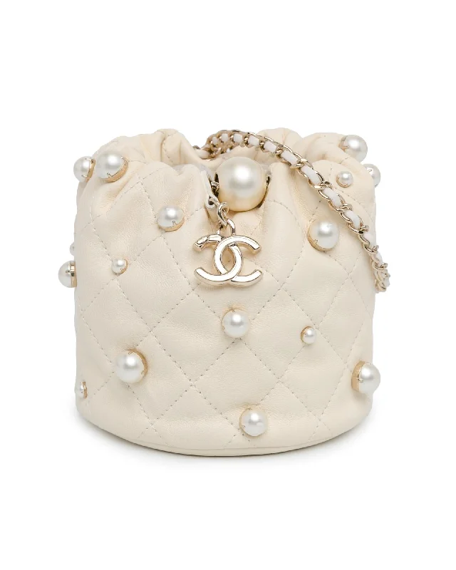 Quilted Lambskin Bucket Bag with Faux Pearl Details