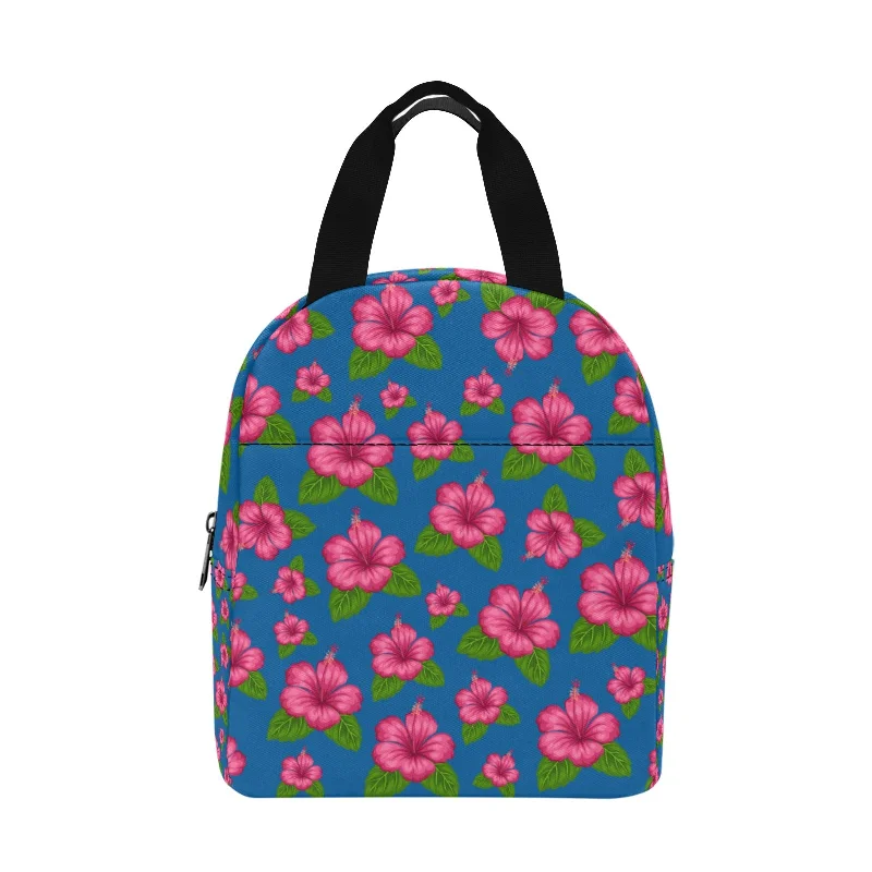 Graphic Pink Hibiscus Blue Insulated Zipper Lunch Bag