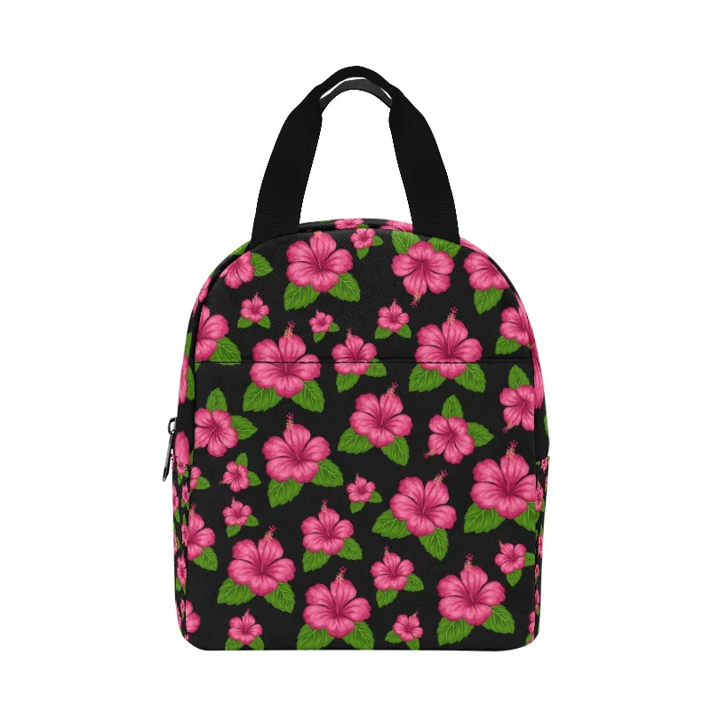 Graphic Pink Hibiscus Black Insulated Zipper Lunch Bag