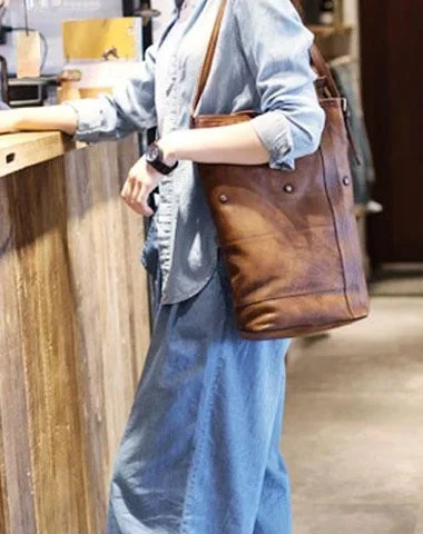 Vintage Brown Womens Leather Vertical Tote Bucket Bag Tan Large Barrel Tote Bag for Ladies