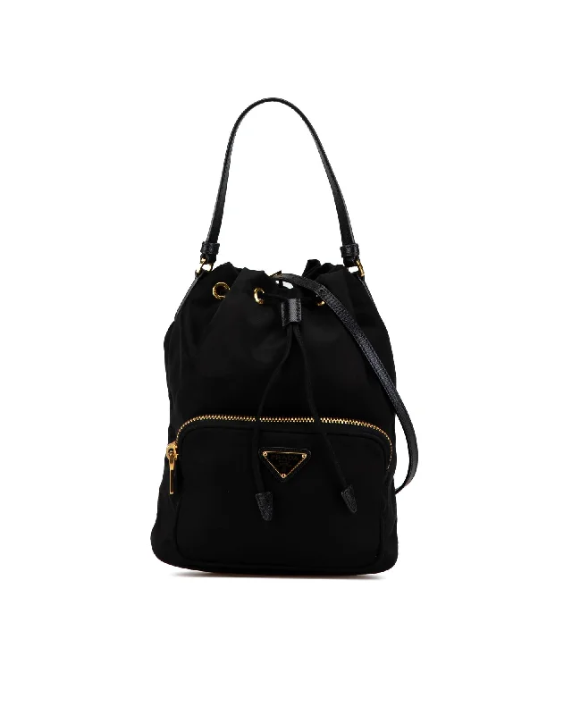 Re-Nylon Bucket Bag with Saffiano Leather Trim and Drawstring Closure