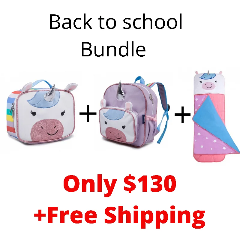 Wildkin Unicorn 3 Piece Set Plush Nap Mat+Lunch Box+Backpack Bundle offer