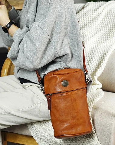 Womens Brown Leather Bucket Crossbody Bag Purse Vintage Handmade Round Barrel Shoulder Bag for Women