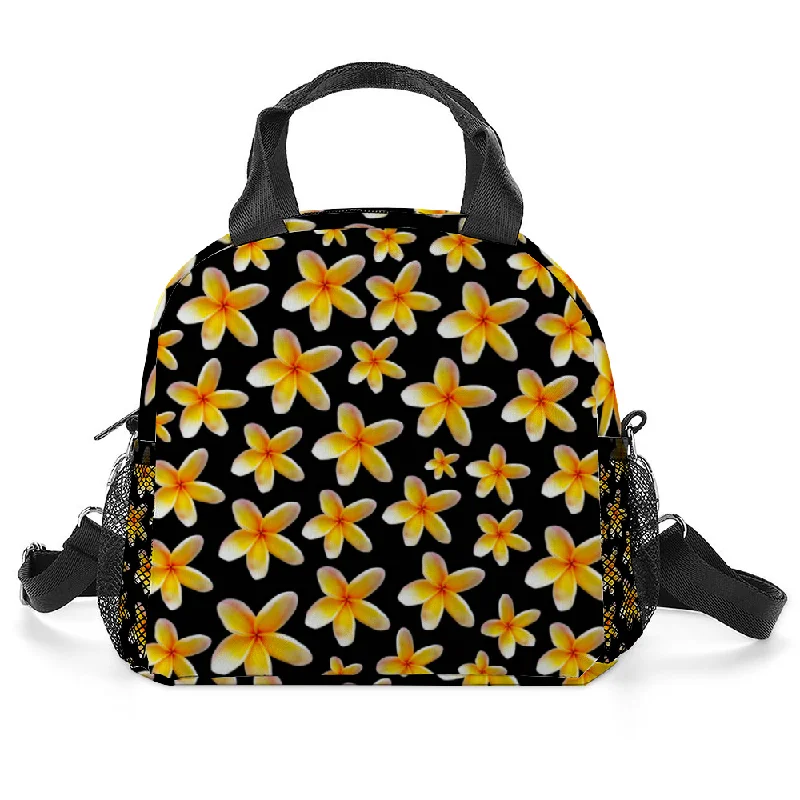 Yellow Frangipanis Black Insulated Lunch Bag with Handles & Top Strap